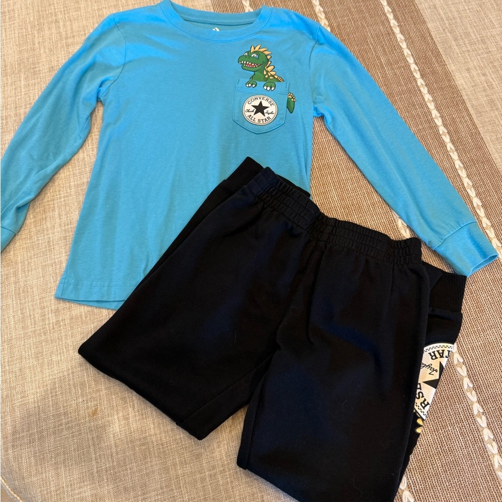 Blue Dinosaur Long Sleeve Shirt and Black Sweatpants Set